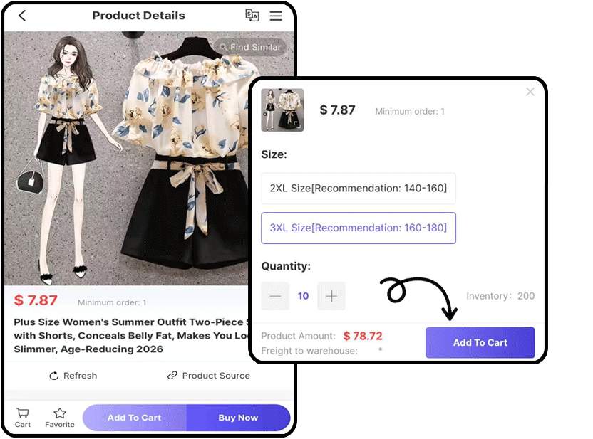 Greetbuy可以获取1688/淘宝/天猫99%的商品信息。您可以直接选择颜色、尺码和数量,然后点击“添加到购物车”或“收藏”。